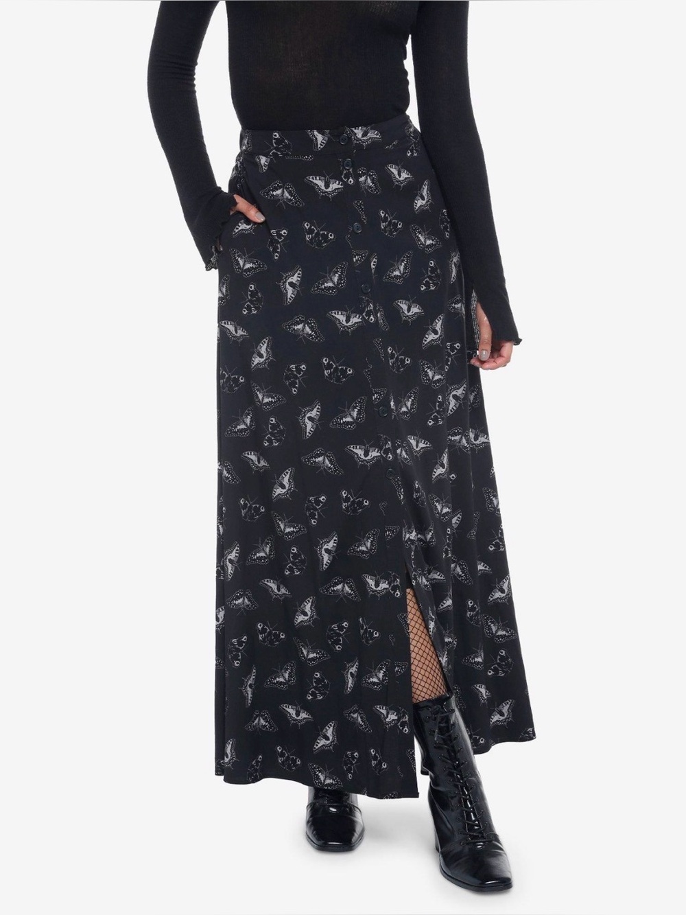 Cosmic Aura | Black Moth Button Front Maxi Skirt